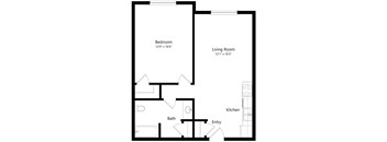 A black and white image of a floor plan for a small apartment.