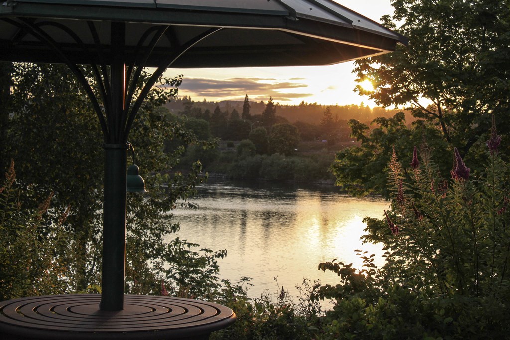 a gazebo overlooking a river at sunset