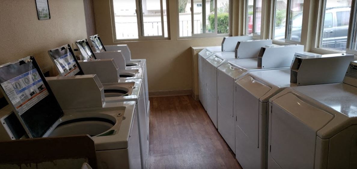 a row of washers and dryers in a room with windows