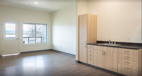 an empty kitchen with a sink and a window