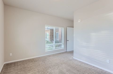 A room with a carpeted floor and a window with blinds.