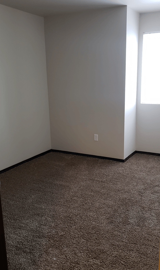 an empty room with carpet and a window