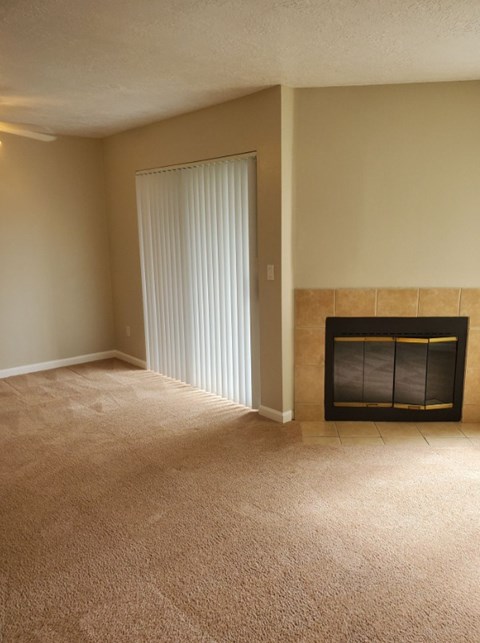 A room with a fireplace and carpeted floor.