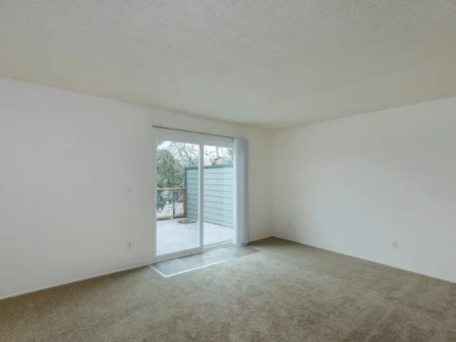 Empty room with a sliding glass door leading outside.