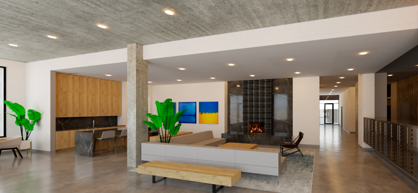 a living room with a white couch and a fireplace