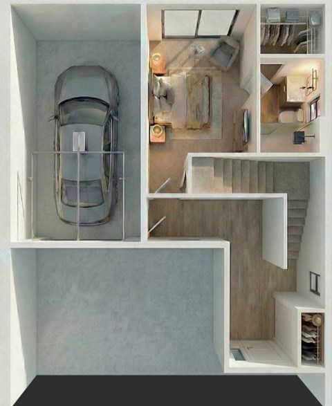 A car is parked in a garage.
