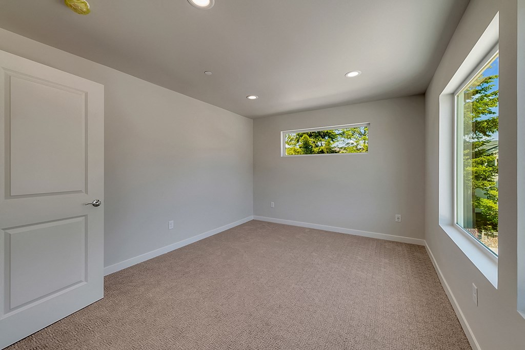 A room with a carpeted floor and a window showing trees outside.