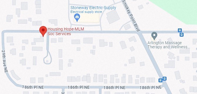 A map shows a red marker for Housing Hope-MLM Soc Services at the intersection of 29th Ave and 186th Pl.