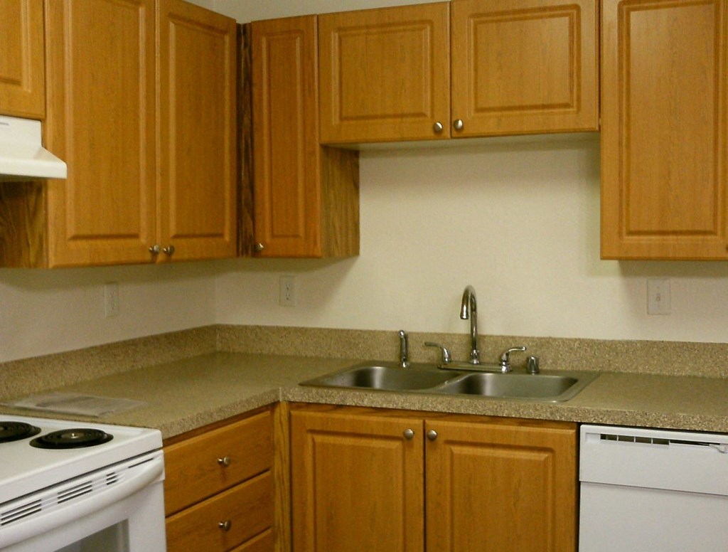 a kitchen with wooden cabinets and a sink and a stove