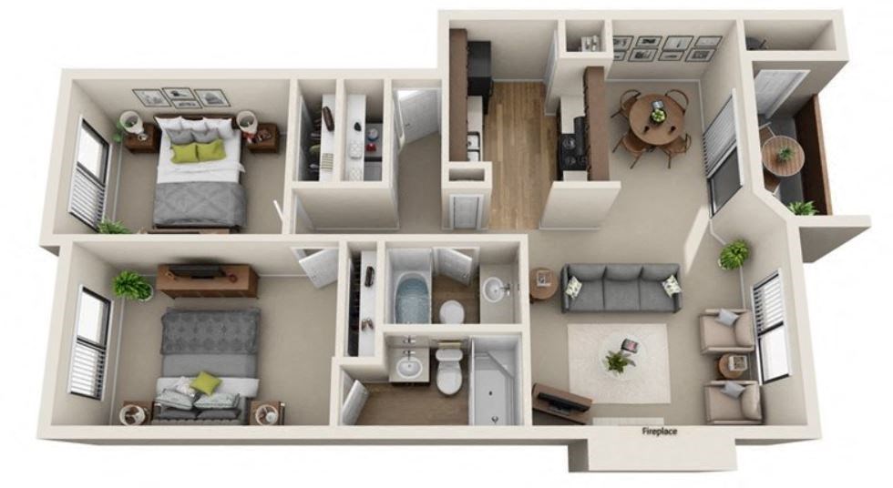 A 3D floor plan of a small apartment with two bedrooms, a living room, and a kitchen.