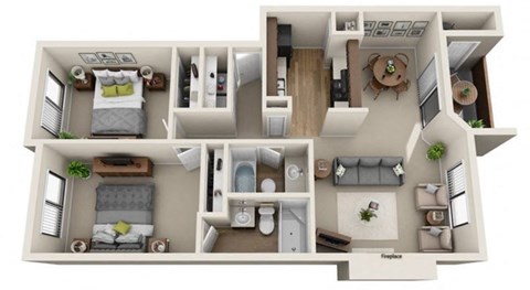 A 3D floor plan of a small apartment with two bedrooms, a living room, and a kitchen.