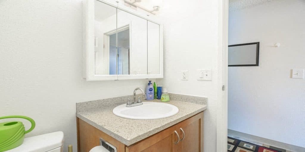 a bathroom with a sink and a mirror