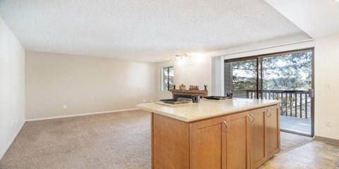 an empty living room and kitchen with a large window