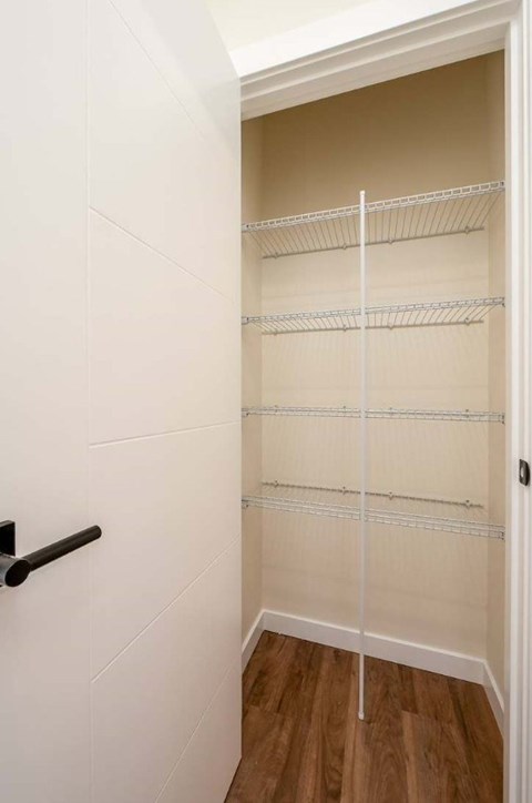 A white closet with a black handle and shelves.