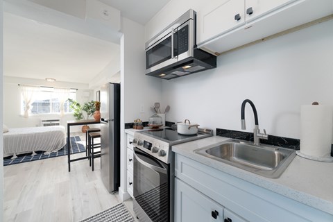 A modern kitchen with a stove, oven, and sink.