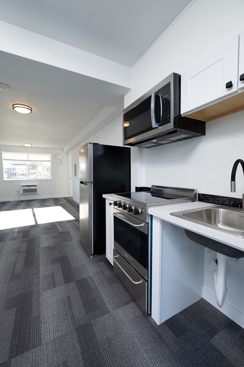 A modern kitchen with a black refrigerator, stove, and microwave.