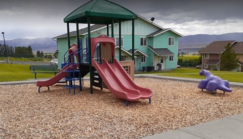 a playground with slides and a swing set in front of a house
