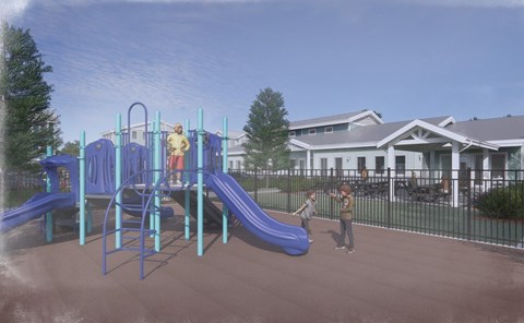 A playground with a blue slide and two children playing.