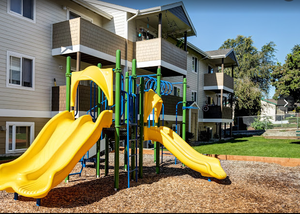 a playground with slides in front of a house