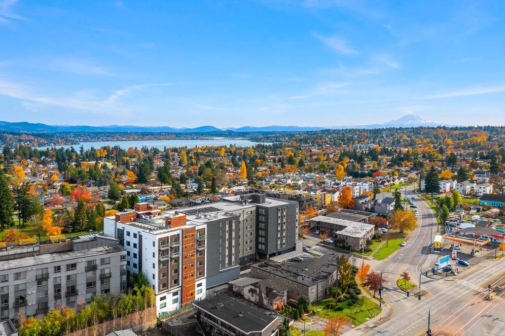 an aerial view of a city with buildings and a lake in the background