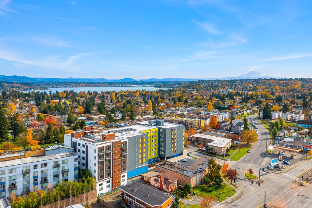 an aerial view of a city with buildings and a lake