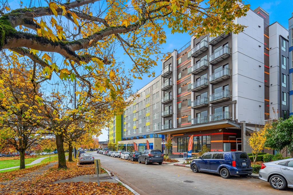 a city street with cars parked in front of a building