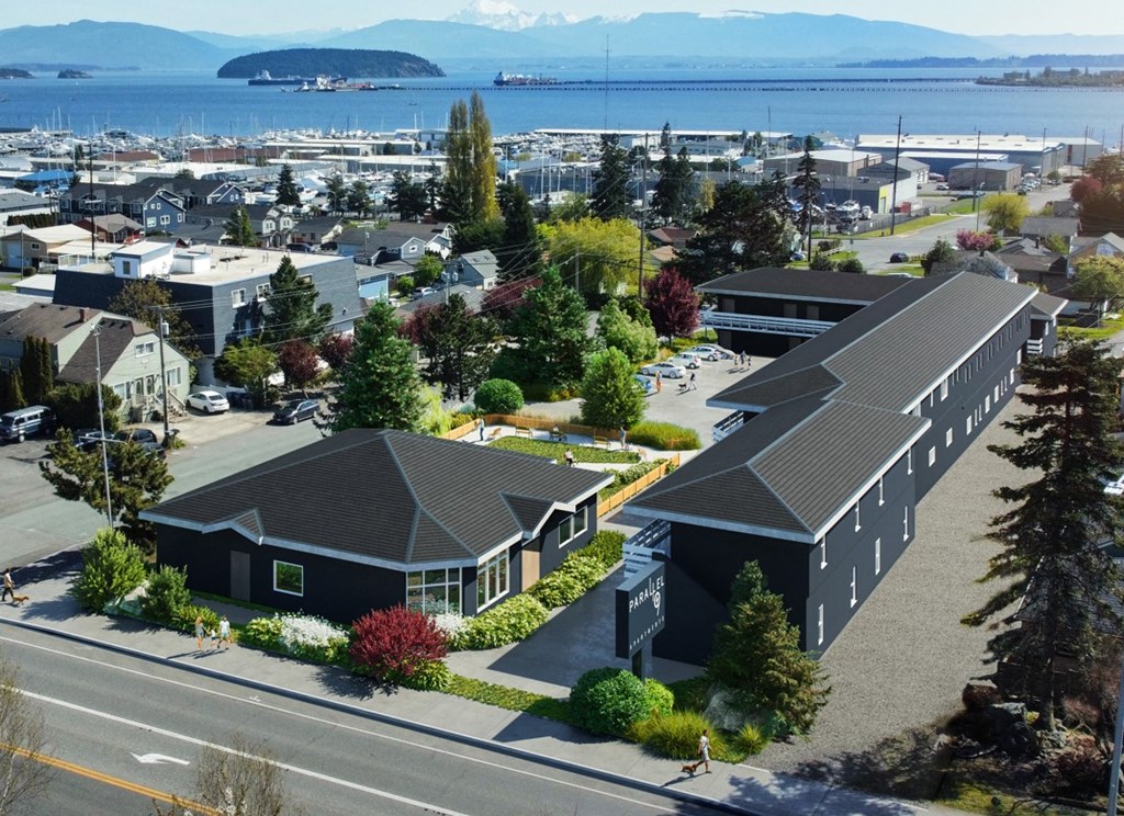 an aerial view of a small town with houses and a body of water