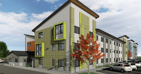 a rendering of a new apartment building with cars parked in front of it