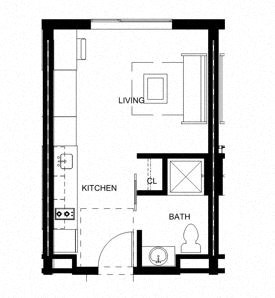 a floor plan of a small room with a kitchen and a bathroom