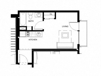 the ground floor plan of a small house with a kitchen and a bedroom