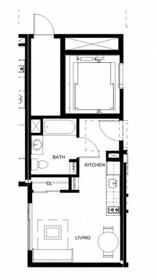 the floor plan of a small house with a kitchen and a bathroom