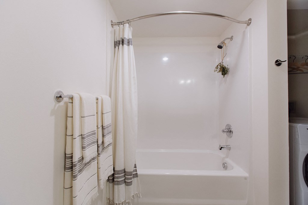 a bathroom with a tub and a shower and a towel rack