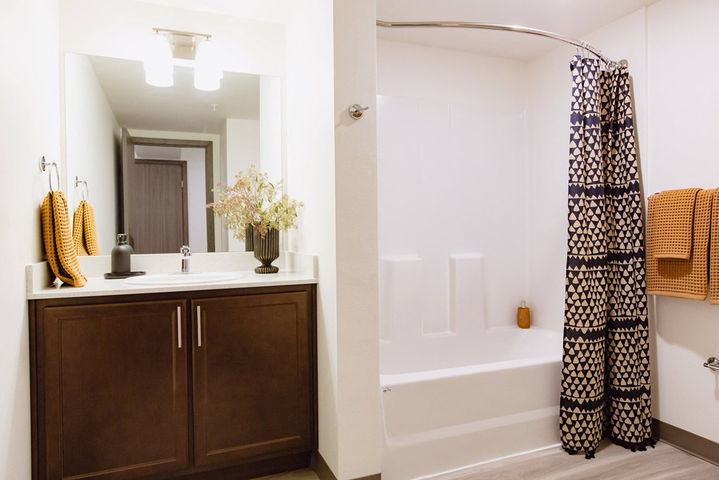 a bathroom with a shower and a sink and a mirror