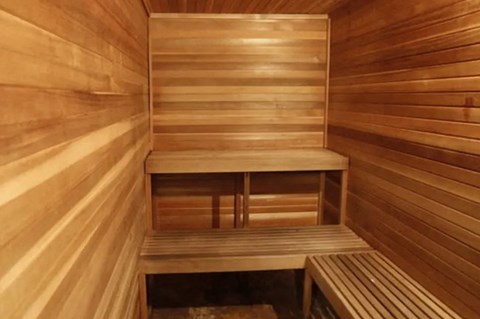 the interior of a sauna with wooden benches