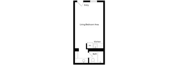 A floor plan of a small apartment with a living/bedroom area, kitchen, and bathroom.