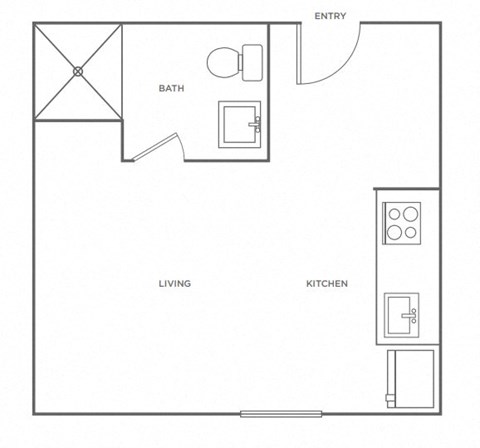 a schematic diagram of a 1 bedroom floor plan with a bathroom and a closet