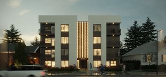 a rendering of a proposed apartment building on a city street