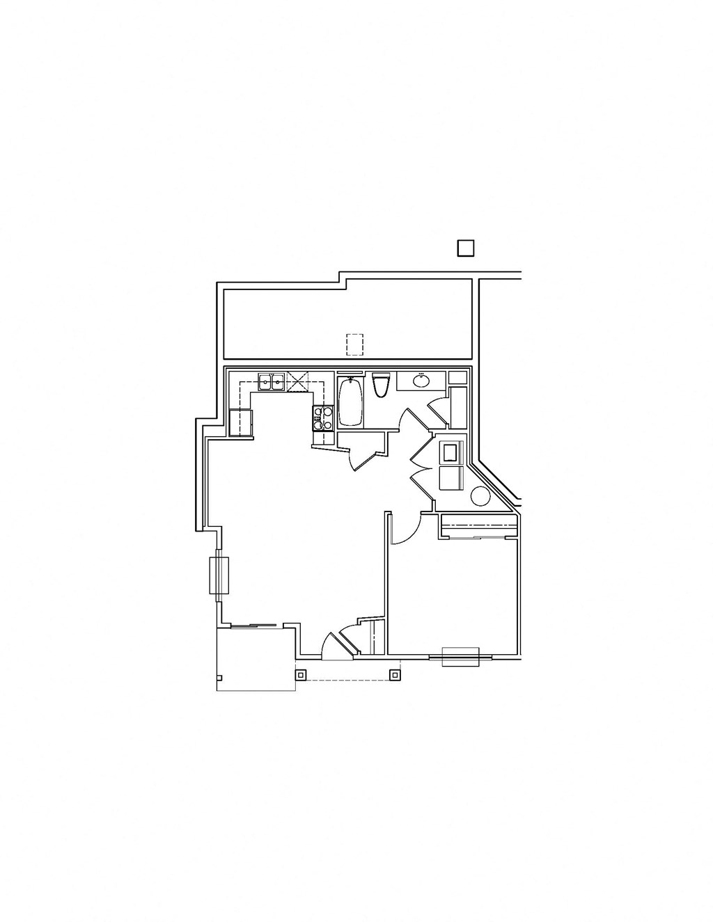 floor plan of the upper floor of a home with a bedroom and a living room