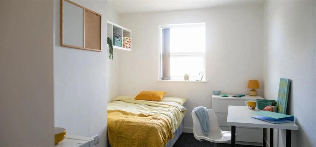 a bedroom with a bed and a desk and a window