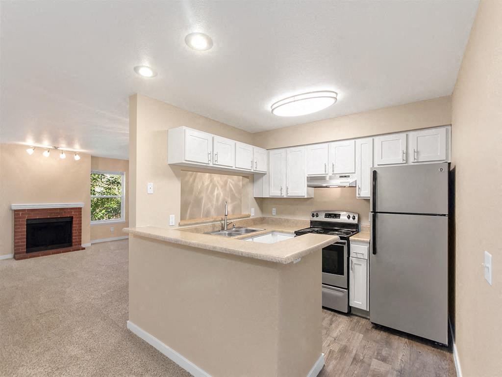 a kitchen with stainless steel appliances and a counter top