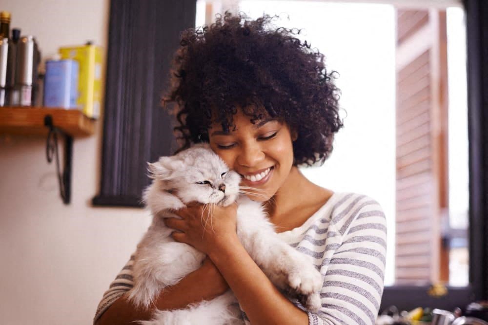a woman holding a white cat in her hands