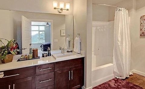 A bathroom with a white shower curtain and a red rug.