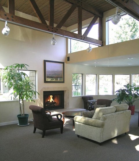 a living room with couches and chairs and a fireplace