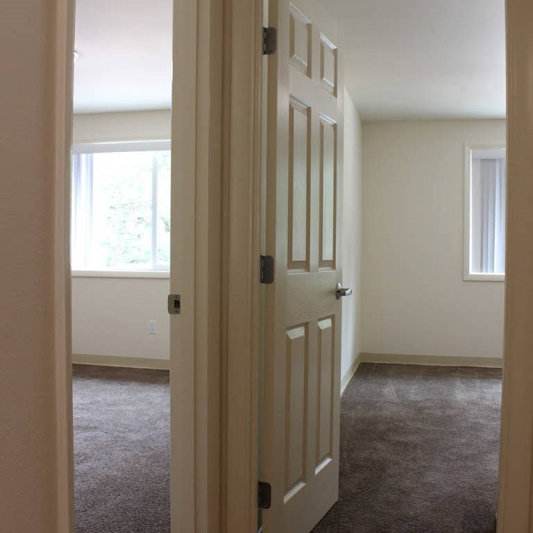 an open door in a room with a carpeted floor and a window