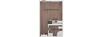 A floor plan of a small apartment with a kitchen, living and bedroom area and a bathroom.