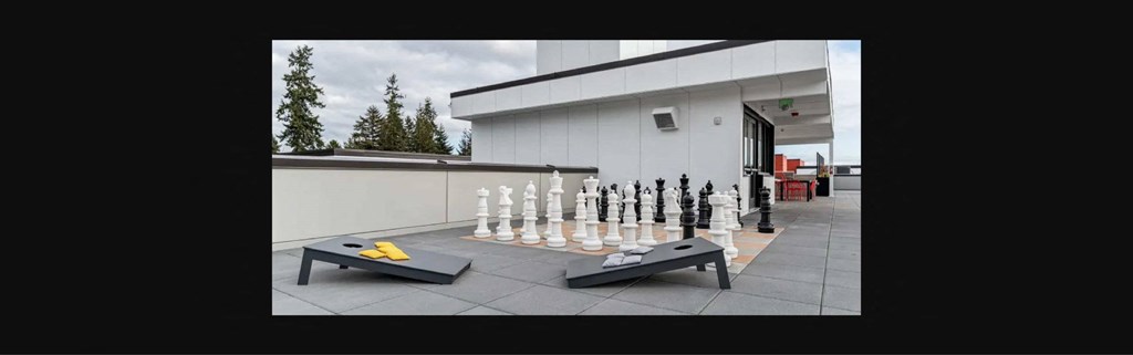 a chess set in front of a building