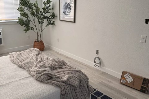 A bed with a grey blanket on it and a plant in a wicker pot on the floor.