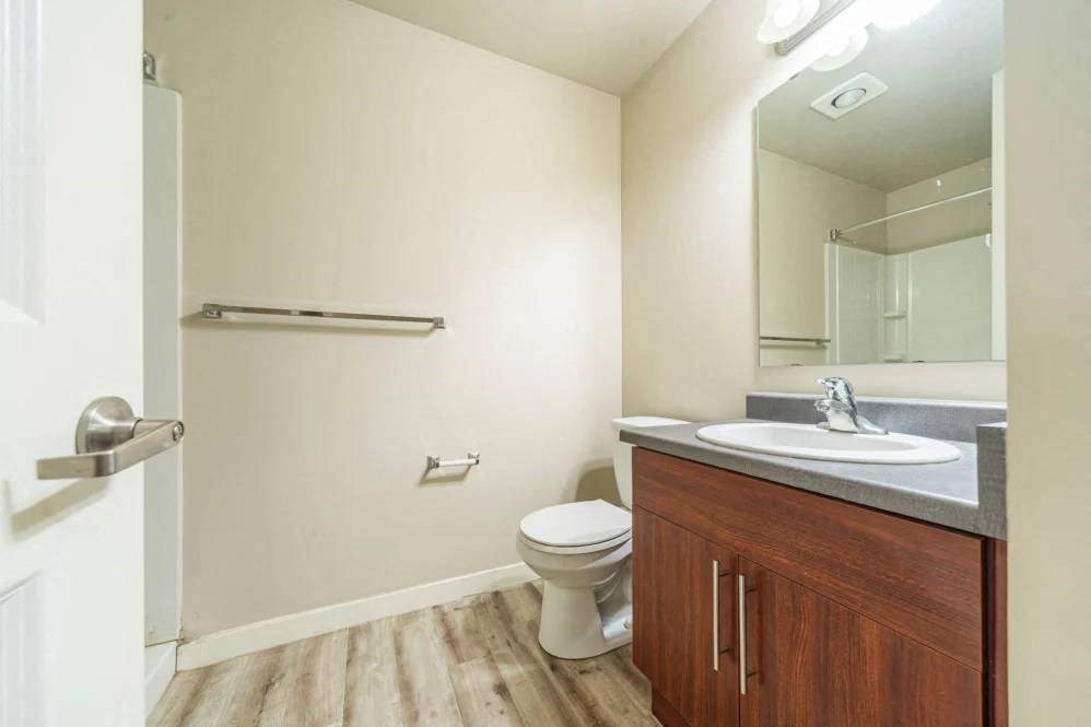 A bathroom with a toilet, sink, and wooden floor.