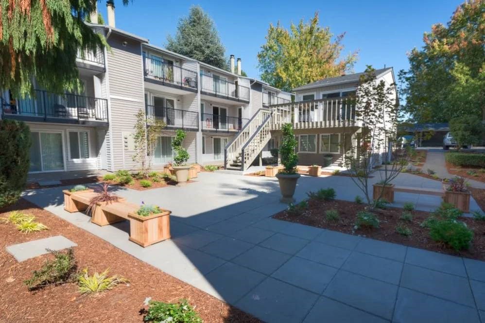 A courtyard with a bench and a tree in front of apartment buildings.