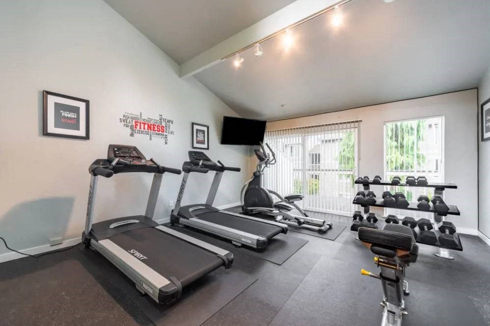 A home gym with treadmills, weights, and exercise equipment.
